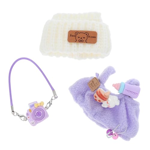 FRCOLOR Puppenkleidung Set für Puppen Latzhose mit Flasche Weißer Bärenstrickmütze und Kamera Ersatzkleidung für Plüschpuppen Einfach Ausziehbar Kreatives Zubehör von FRCOLOR