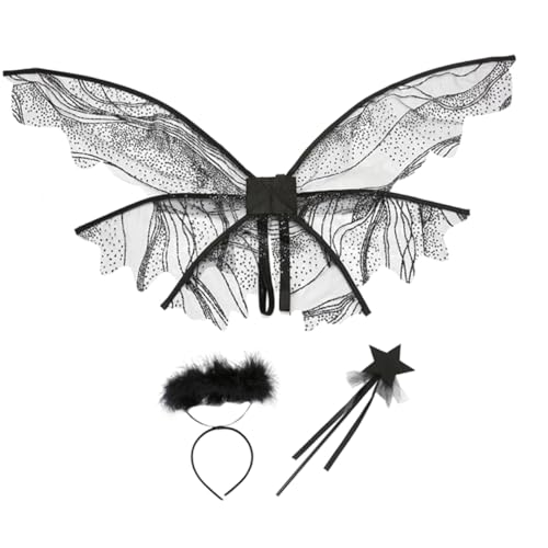 FRCOLOR Schmetterlingsflügel Schwarz Goldene Engel Flügel Kostüm Mädchen Jungen Feenparty Verkleidung Fasching Halloween Cosplay Zubehör von FRCOLOR