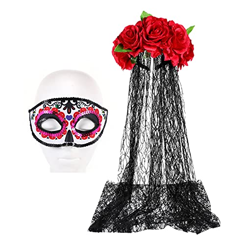 FRCOLOR Tag der Toten Haarreif Halloween Tag der Toten Haarreif und Schleier Halloween Schleier Stirnband mit 2 Stück Halloween Temporäre Gesicht Tattoos Toten Schädel Tattoos (With Mask) von FRCOLOR