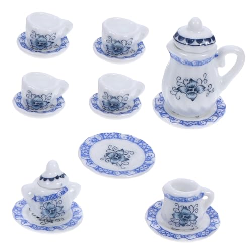 FRCOLOR Teiliges Miniatur Porzellan Tee mit Tassen und Teller Puppenhaus Zubehör Handbemalte Blaue Blumen Langlebige Keramik Realistische Puppenhaus Dekoration Fein Gearbeitet Robust und von FRCOLOR
