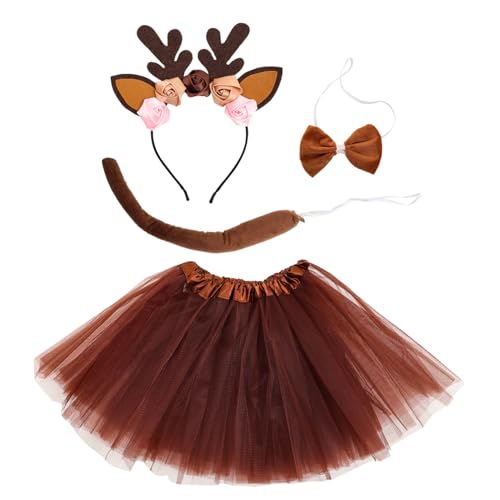 FRCOLOR Tierkostüm mit Rentiergeweih Stirnband Tüllrock und Fliege Leichtes Cosplay Kostüm für Mädchen Geeignet für Bühne Fasching Halloween und Fotografie von FRCOLOR