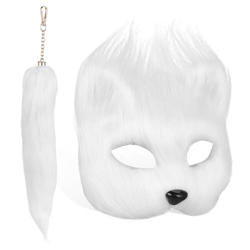 FRCOLOR Weißes Fuchs Kostüm mit Flauschiger Halbgesichtsmaske und Leichte Party und Halloween Maske für Damen Cosplay und Themenveranstaltungen von FRCOLOR
