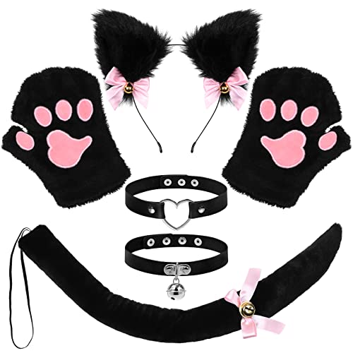 Katze Cosplay Set Katzenohren und Schwanzset Katzen-Kostüm-Set Ohren, Stirnband und Schwanzkragen, Pfoten, Halsband, Cosplay-Halloween-Kostüm für Kinder und Erwachsene von FRCOLOR