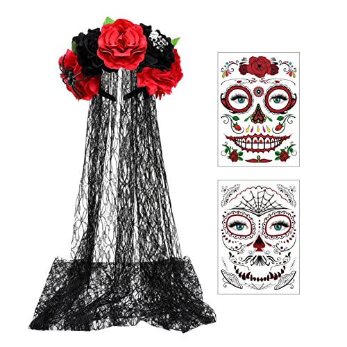 Tag der Toten Haarreif Halloween Tag der Toten Haarreif und Schleier Halloween Schleier Stirnband mit Toten Schädel Augenmaske für Halloween Cosplay Party (Mit Tätowierungen) von FRCOLOR