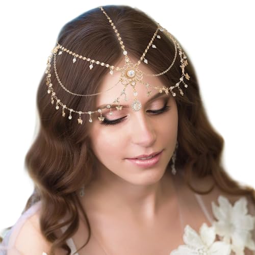 FRESHME Renaissance-Kopfkette für Frauen – Boho-Kopfschmuck mit weißem Kristall, Elfen-Kopfschmuck mit Quaste und Schmetterling-Anhänger, Hochzeit, Renfaire, Kostüm, Fairycore, Cosplay von FRESHME