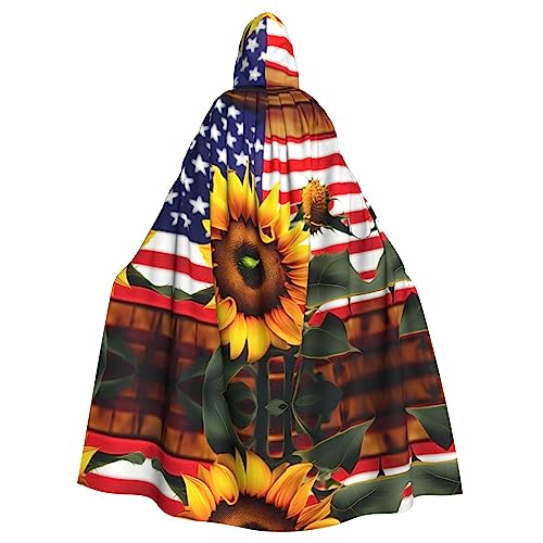 FRESQA Sonnenblumen- und amerikanische Flagge, Party-Dekor-Umhang, Erwachsenen-Kapuzenumhang, ultimativer Hexenumhang für Halloween-Treffen von FRESQA