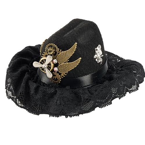 FROMCEO Punk Punk Haarspange Fascinator Hut mit Ausrüstungsdekor, Spitzenausflug, Cowgirl-Hut, Seitenclip für Erwachsene, Halloween-Requisiten, Gothic-Haarnadel FROMCEO Punk Punk Haarspange Fascinator Hut mit Ausrüstungsdekor, Spitzenausflug, Cowgirl-Hut, Seitenclip für Erwachsene, Halloween-Requisiten, Gothic-Haarnadel von FROMCEO