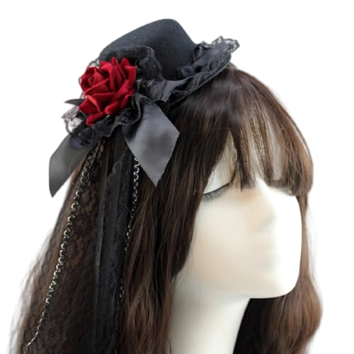 FROMCEO Punk-Rosen-Blumen-Spitzenhut mit Haarspange, Anime-Kopfbedeckung für Frauen, Musik-Festivals und alltägliche Frisuren, Halloween-Requisiten von FROMCEO