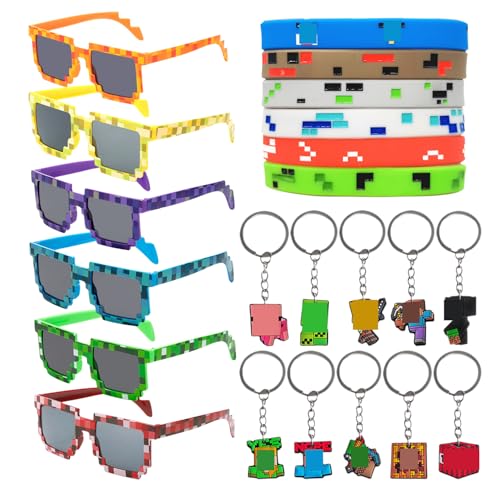 FRPABCF Pixel Party Mitgebsel Kindergeburtstag, 6 Pixel Brille, 6 Pixel Armband, 10 Schlüsselanhänger für Kinder, Miner Gamer Kindergeburtstag Mitgebsel Bergbau Stil für Kinder Geschenke Deko von FRPABCF