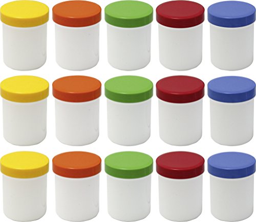 FRÜHES FORSCHEN 15 Salbendosen hoch, 25ml Inhalt weiß mit farbigen Deckeln von FRÜHES FORSCHEN