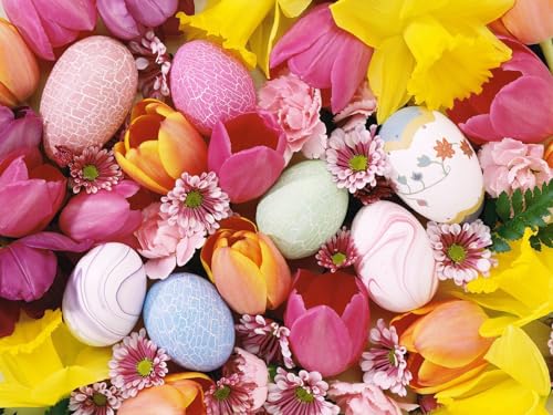 Erwachsenenpuzzle ab 14 Jahren, Tulpen, Eier, Ostern, Hintergrund 70x50cm von FRUKAT