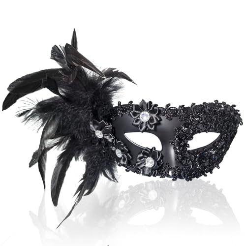 FRUOR 2025 Neue Maskerade Maske für Frauen, Schwarze venezianische Maske mit Federn, Pailletten und Blumen für Halloween Kostüm Karneval FRUOR 2025 Neue Maskerade Maske für Frauen, Schwarze venezianische Maske mit Federn, Pailletten und Blumen für Halloween Kostüm Karneval von FRUOR