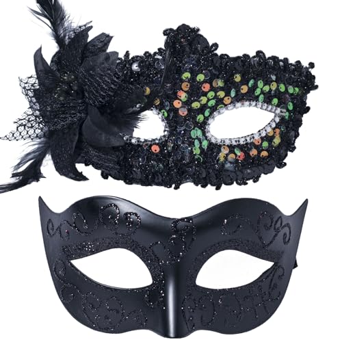 FRUOR Maskerade Maske Set für Paare, Frauen Maske mit Pailletten und Blume, Männer Venezianische Maske für Karneval, Halloween von FRUOR