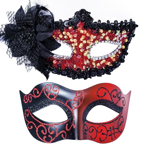 FRUOR Rote Maskerade Maske Set für Paare, Frauen Maske mit Pailletten und Blume, Männer Venezianische Maske für Karneval, Halloween von FRUOR