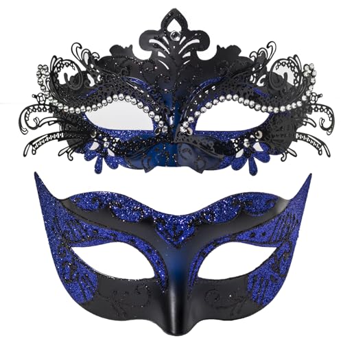 FRUOR Schwarz und Blau Maskerade Maske Set für Paare, Frauen Metallmaske mit Strass und Männer Venezianischen Stil Maske für Cosplay Party, Karneval, Halloween, Hochzeit Party von FRUOR