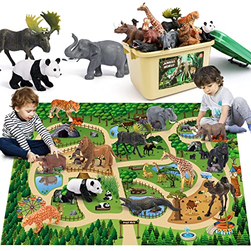 FRUSE Tiere Figuren Spielzeug mit 145x98cm Aktivität Spielmatte,12 Stück Realistische Tierfiguren mit Löwe,Tiger,Elefant,Safari Tiere Figuren Lernspielzeug Geschenke für Kinder Jungen Mädchen von FRUSE