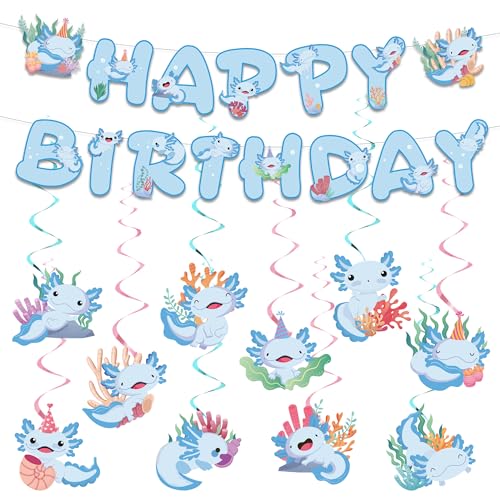Axolotl Geburtstagsparty-Dekorationen, Banner – 12 Stück, blaue Dekoration, Happy Birthday-Banner, Hintergrund, Mini-Axolotl-hängende Wirbel, niedliche Tiere, Foto-Hintergrund für Mädchen, Jungen Axolotl Geburtstagsparty-Dekorationen, Banner – 12 Stück, blaue Dekoration, Happy Birthday-Banner, Hintergrund, Mini-Axolotl-hängende Wirbel, niedliche Tiere, Foto-Hintergrund für Mädchen, Jungen von FSADASY