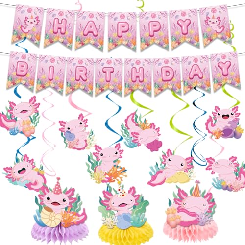 Axolotl Geburtstagsparty-Dekorationsset – 15 Stück, rosa Dekoration, Happy Birthday-Banner, Hintergrund, Axolotl, hängende Wirbel, niedliche Tiere, Tischwaben, Tafelaufsätze, Gastgeschenke für Mädchen Axolotl Geburtstagsparty-Dekorationsset – 15 Stück, rosa Dekoration, Happy Birthday-Banner, Hintergrund, Axolotl, hängende Wirbel, niedliche Tiere, Tischwaben, Tafelaufsätze, Gastgeschenke für Mädchen von FSADASY