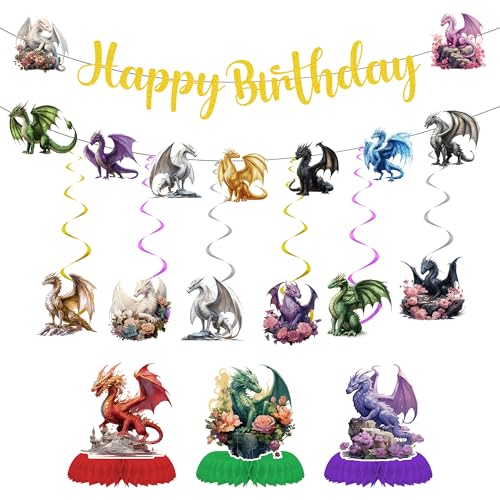 Drachen-Geburtstagsparty-Dekorationen, Banner – 11 Stück glitzernde gelbe Happy Birthday-Banner, niedliche Drachen, hängende Wirbel, Waben-Mittelstücke, Dekoration für Dinosaurier, Babyparty Drachen-Geburtstagsparty-Dekorationen, Banner – 11 Stück glitzernde gelbe Happy Birthday-Banner, niedliche Drachen, hängende Wirbel, Waben-Mittelstücke, Dekoration für Dinosaurier, Babyparty von FSADASY
