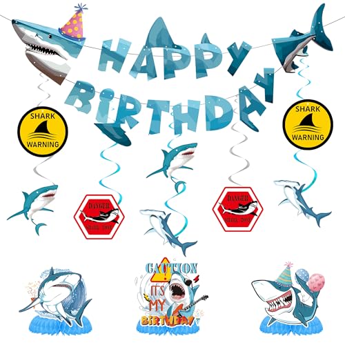 Hai-Geburtstagsparty-Dekorationen, blau, 13 Stück, Baby-Hai-Banner, hängende Wirbel, Geburtstag, Waben-Mittelstück für Babyparty, Zubehör, unter dem Meer, Party-Dekorationen für Jungen und Kinder Hai-Geburtstagsparty-Dekorationen, blau, 13 Stück, Baby-Hai-Banner, hängende Wirbel, Geburtstag, Waben-Mittelstück für Babyparty, Zubehör, unter dem Meer, Party-Dekorationen für Jungen und Kinder von FSADASY