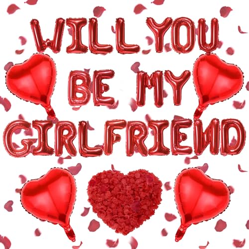 Luftballons mit Aufschrift "Will You Be My Girlfriend", rote Buchstaben- und Herzform, 40,6 cm Ballon-Buchstaben mit 500 künstlichen Rosenblättern für Valentinstagsbedarf von FSADASY