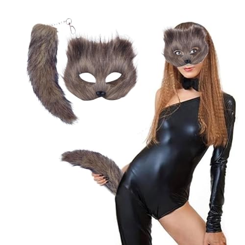 FSLLWGWG Animal Maske Katzenmaske Und Animal Tail Set, Fuchs Maske Und Schwanz, Personalisierte Animal Maskes Und Schwanz, Halbgesicht Maskerade Maskes (Grau) von FSLLWGWG