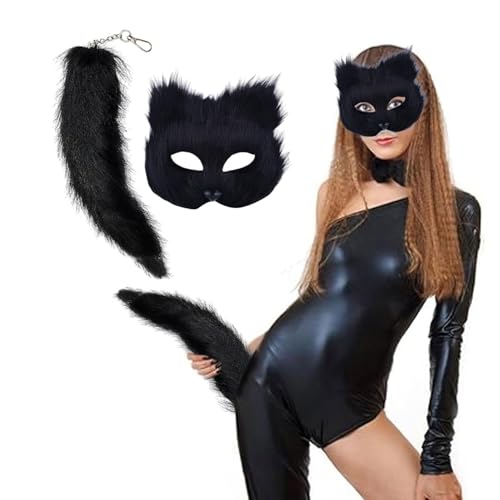 FSLLWGWG Animal Maske Katzenmaske Und Animal Tail Set, Fuchs Maske Und Schwanz, Personalisierte Animal Maskes Und Schwanz, Halbgesicht Maskerade Maskes (Schwarz) von FSLLWGWG