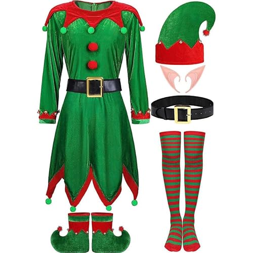 FSSPLJHYJ 6-teilige Frauen Urlaub Elfen Kostüm Samt Kleid, Weihnachtselfen-Kostüm-Set für Damen, Kleid und Gürtel, Hut, Schuhe, gestreifte Strümpfe,Weihnachten Karneval Rollenspiel Elfen, Grün, L FSSPLJHYJ 6-teilige Frauen Urlaub Elfen Kostüm Samt Kleid, Weihnachtselfen-Kostüm-Set für Damen, Kleid und Gürtel, Hut, Schuhe, gestreifte Strümpfe,Weihnachten Karneval Rollenspiel Elfen, Grün, L von FSSPLJHYJ