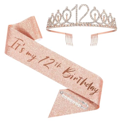 FSSTUD 12. Geburtstag Schärpe und Krone Metall Strass Geburtstag Tiara mit Kunststoffperle Sicherheitsnadeln für Dekorationen FSSTUD 12. Geburtstag Schärpe und Krone Metall Strass Geburtstag Tiara mit Kunststoffperle Sicherheitsnadeln für Dekorationen von FSSTUD