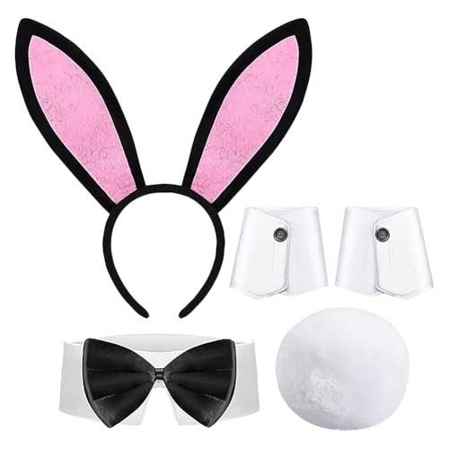 FSSTUD 5-teiliges Hasen-Cosplay-Kostüm-Set, biegbar, Hasenohren, Haarreif, Damen-Fliege, Halsband, niedlicher Hasenschwanz, Kostüm, Manschetten, Halloween, Kaninchen, Cosplay-Zubehör FSSTUD 5-teiliges Hasen-Cosplay-Kostüm-Set, biegbar, Hasenohren, Haarreif, Damen-Fliege, Halsband, niedlicher Hasenschwanz, Kostüm, Manschetten, Halloween, Kaninchen, Cosplay-Zubehör von FSSTUD
