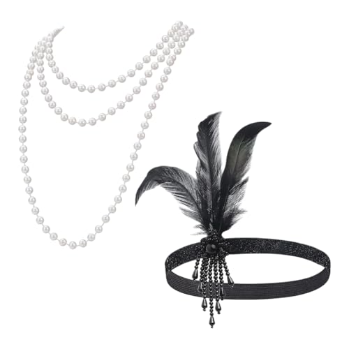 FSSTUD Damen 1920er Jahre Flapper Stirnband Feder Perlen Stirnband Lange Kunstperlen Halskette Fasching Kopfschmuck Abschlussball Party Kostüm Haarband Halskette für Halloween FSSTUD Damen 1920er Jahre Flapper Stirnband Feder Perlen Stirnband Lange Kunstperlen Halskette Fasching Kopfschmuck Abschlussball Party Kostüm Haarband Halskette für Halloween von FSSTUD