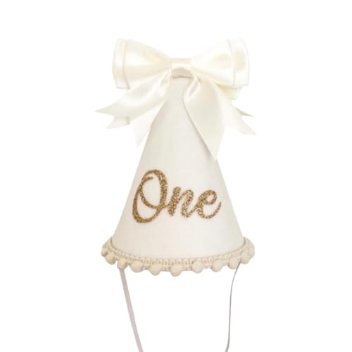 FSSTUD One Birthday Party Cone Hat White Pom Pom Birthday Hat First Cake Smash Photo Props for One Year Old von FSSTUD