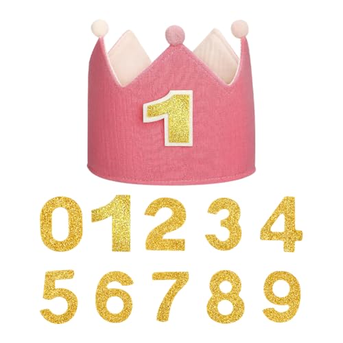 FSSTUD Pom Pom Geburtstag Krone Hut Verstellbar Happy Birthday Tiara Hut Wiederverwendbar Kinder Party Krone Stirnband Foto Requisiten mit Glitzer Zahlen 0 bis 9 für DIY Dekorationen Rosa von FSSTUD