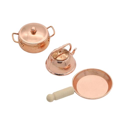 Miniatur Kochtopf Puppenhaus Wasserkocher Mini Suppentopf mit Deckel Winzige Bratpfanne mit Holzgriff Kleine Kochutensilien Set Metall Puppenhaus Küchenzubehör von FSSTUD
