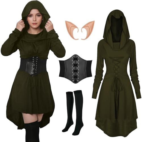 FSUJWOA 4 Stück Renaissance Elfenkostüm für Damen, Gothic Mittelalter Kleidung, Kapuzenkleid mitKorsett für Halloween Partys(Grüner, X-Large) von FSUJWOA