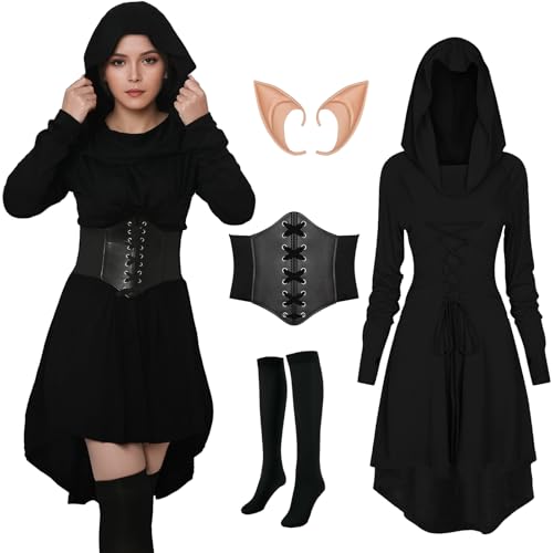 FSUJWOA 4 Stück Renaissance Elfenkostüm für Damen, Gothic Mittelalter Kleidung, Kapuzenkleid mitKorsett für Halloween Partys(Schwarz, Small) von FSUJWOA