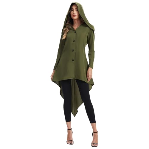 FSUJWOA Damen Mittelalter Kleidung, Renaissance Mit Kapuze Robe, Gothic Damen Frack für Karneval Party (Grün, XL) von FSUJWOA