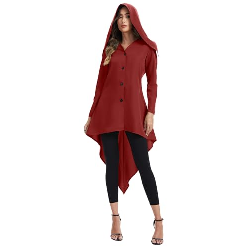 FSUJWOA Damen Mittelalter Kleidung, Renaissance Mit Kapuze Robe, Gothic Damen Frack für Karneval Party (Rot, L) von FSUJWOA