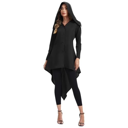 FSUJWOA Damen Mittelalter Kleidung, Renaissance Mit Kapuze Robe, Gothic Damen Frack für Karneval Party (Schwarz, XL) von FSUJWOA