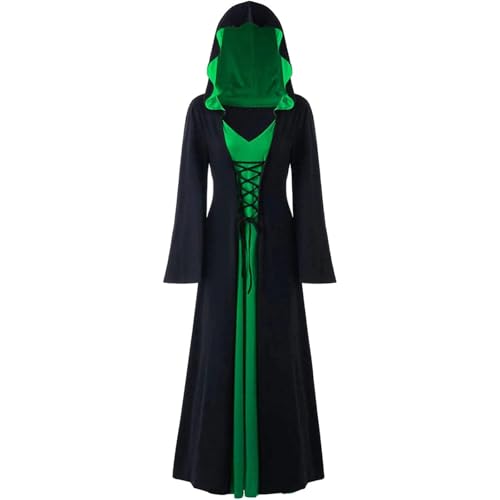 FSUJWOA Frauen Halloween Kostüme für Erwachsene mittelalterlich Kapuze Maxi Kleid für Frauen Mode Robe (Schwarz und Grün, XXL) von FSUJWOA