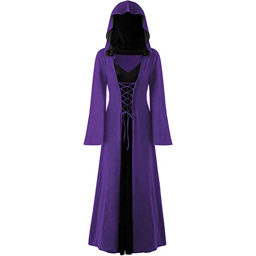 FSUJWOA Frauen Halloween Kostüme für Erwachsene mittelalterlich Kapuze Maxi Kleid für Frauen Mode Robe Cosplay (L, lila und schwarz) von FSUJWOA