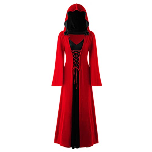 FSUJWOA Frauen Halloween Kostüme für Erwachsene mittelalterlich Kapuze Maxi Kleid für Frauen Mode Robe Cosplay (XL, rot und Schwarz) von FSUJWOA