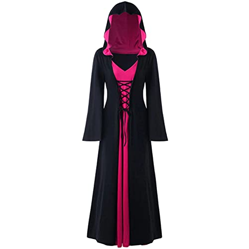 FSUJWOA Frauen Halloween Kostüme für Erwachsene mittelalterlich Kapuze Maxi Kleid für Frauen Mode Robe Cosplay (XXL, schwarz und rosa) von FSUJWOA