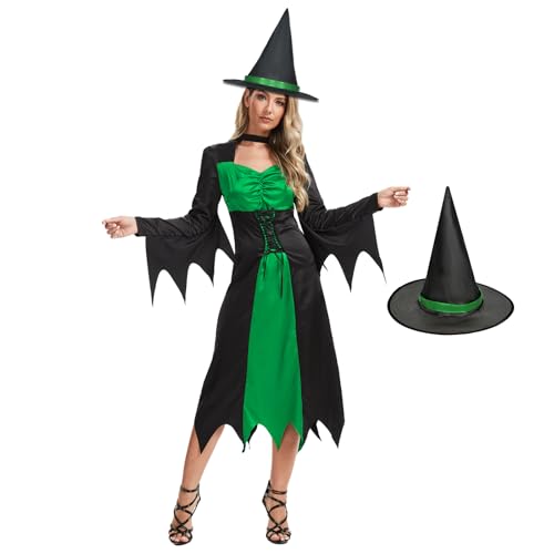 FSUJWOA Hexenkostüm für Damen, Halloween Hexen Roben, Mit bösem Hexenhut für Halloween Fasching Partys (Grün, XL) von FSUJWOA