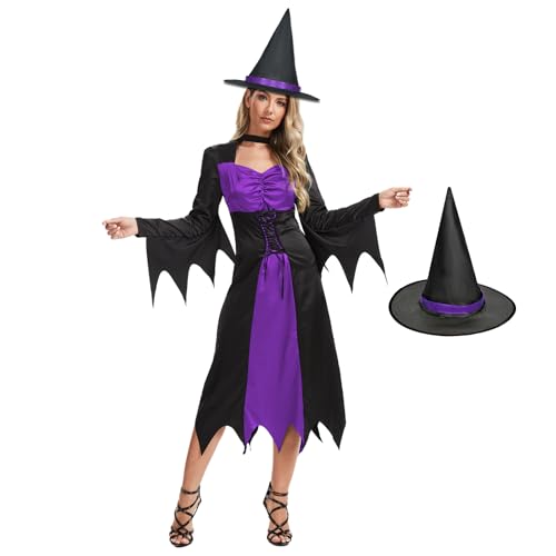 FSUJWOA Hexenkostüm für Damen, Halloween Hexen Roben, Mit bösem Hexenhut für Halloween Fasching Partys (Lila, XL) von FSUJWOA