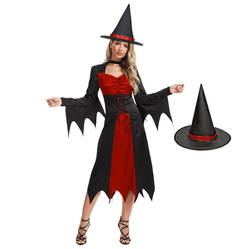 FSUJWOA Hexenkostüm für Damen, Halloween Hexen Roben, Mit bösem Hexenhut für Halloween Fasching Partys (Rot, L) von FSUJWOA