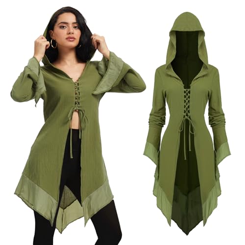 FSUJWOA Mittelalter Kleidung Damen, Renaissance Mit Kapuze Kostüm, Retro Gothic Kostüm, für Halloween Karneval (Grün, S) von FSUJWOA