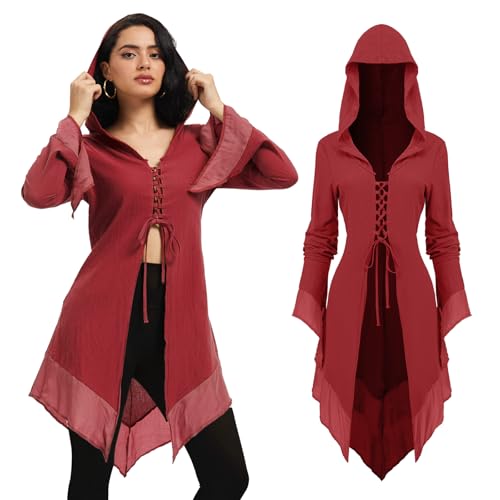 FSUJWOA Mittelalter Kleidung Damen, Renaissance Mit Kapuze Kostüm, Retro Gothic Kostüm, für Halloween Karneval (Rot, M) von FSUJWOA