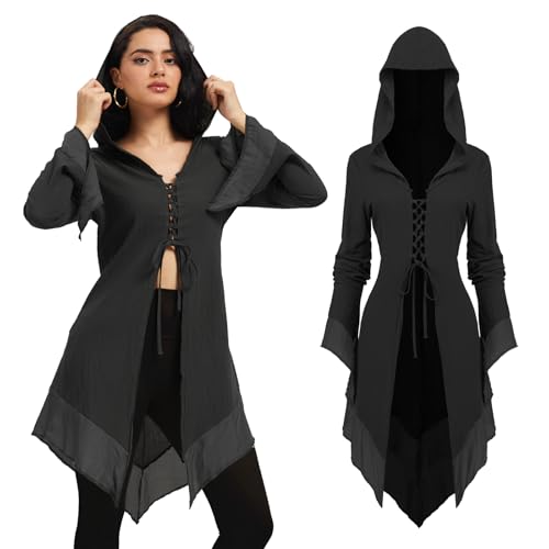 FSUJWOA Mittelalter Kleidung Damen, Renaissance Mit Kapuze Kostüm, Retro Gothic Kostüm, für Halloween Karneval (Schwarz, L) von FSUJWOA