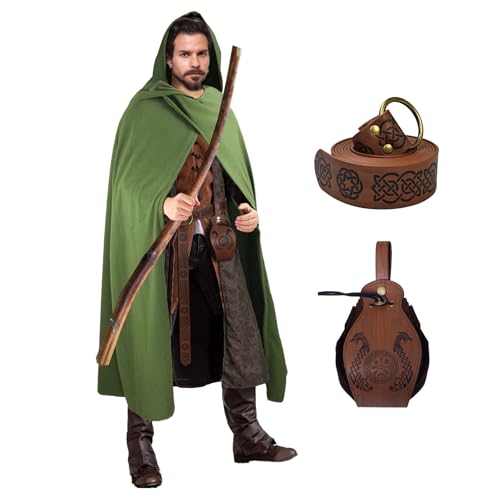 FSUJWOA Renaissance Kapuzenumhang Medieval Waist Bag and Belt herren Hexenmantel mit Kapuze (Grüner) von FSUJWOA